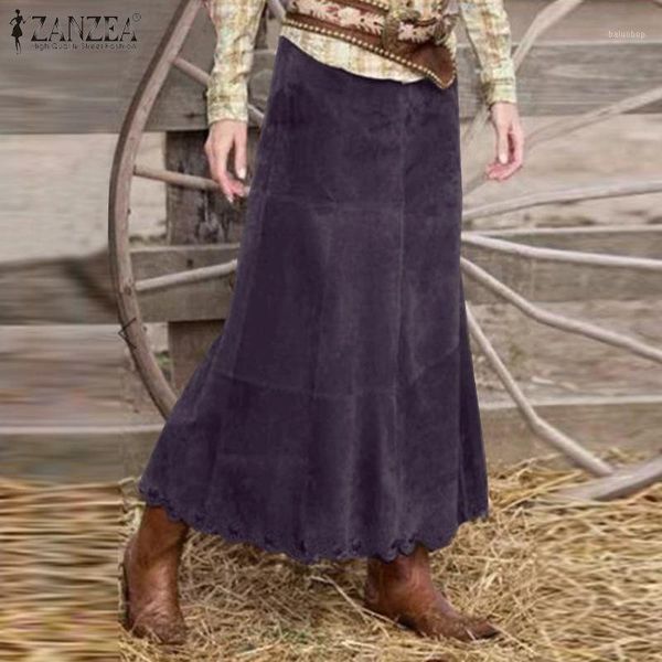 zanzea vintage high waist corduroy skirts fashion women autumn a-line skirt female solid long faldas saia casual party jupe 5xl1, Black